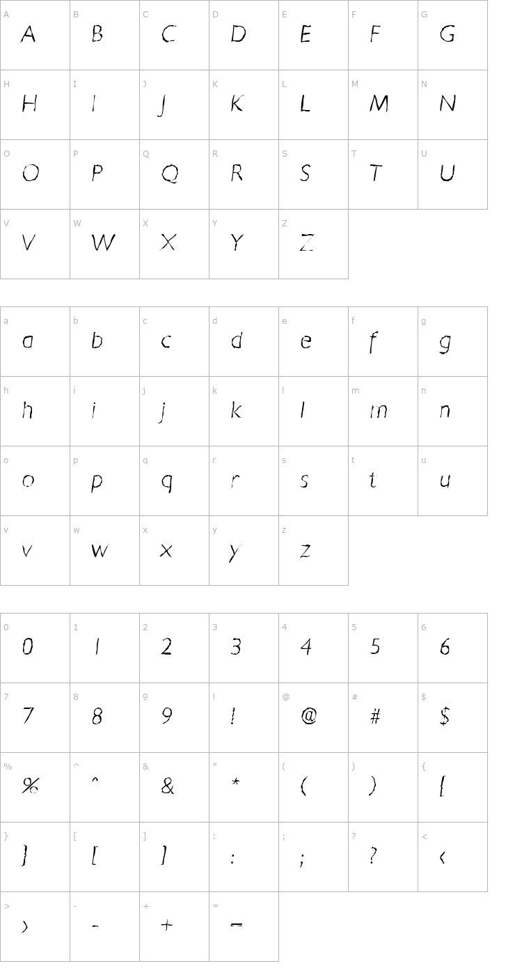 Character Map DavidBeckerRandom-Xlight-Italic Font