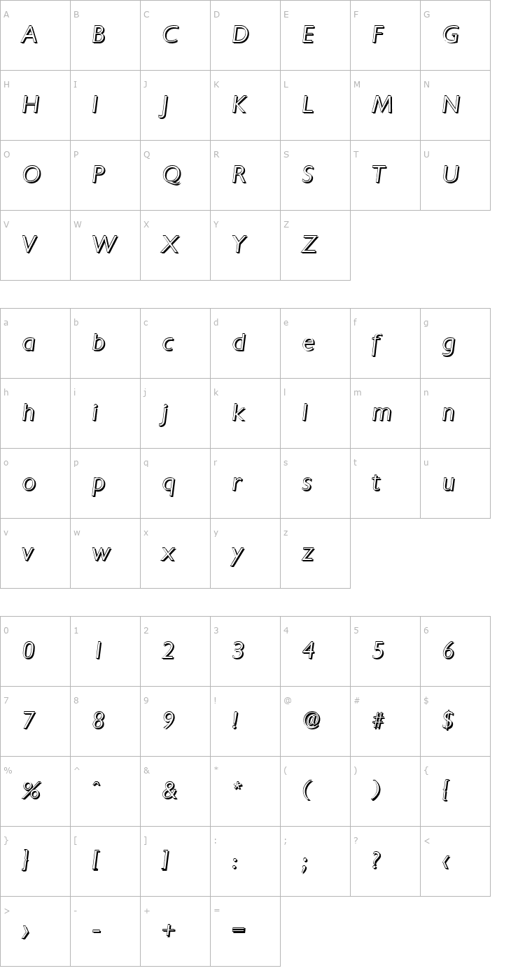 Character Map DavidBeckerShadow-Light-Italic Font