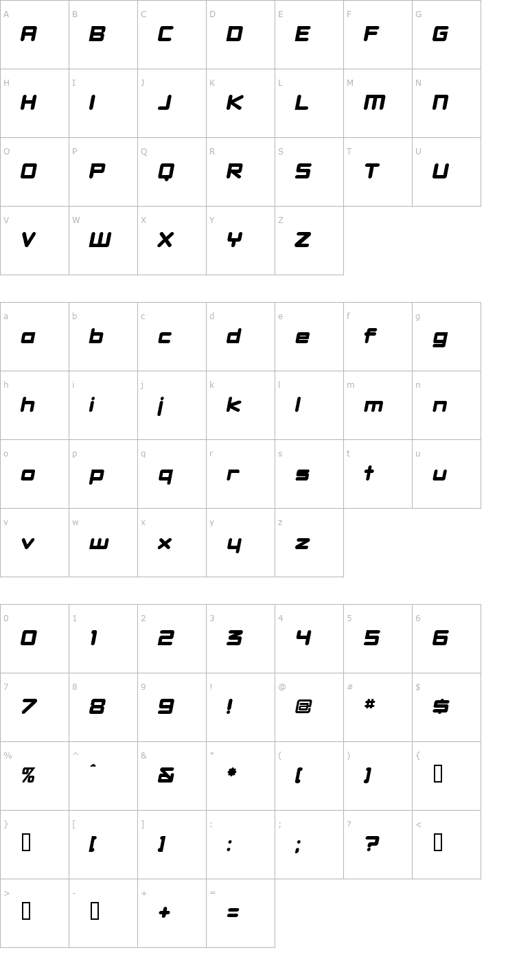 Character Map DBXLNightfever ExtraWideItalic Font