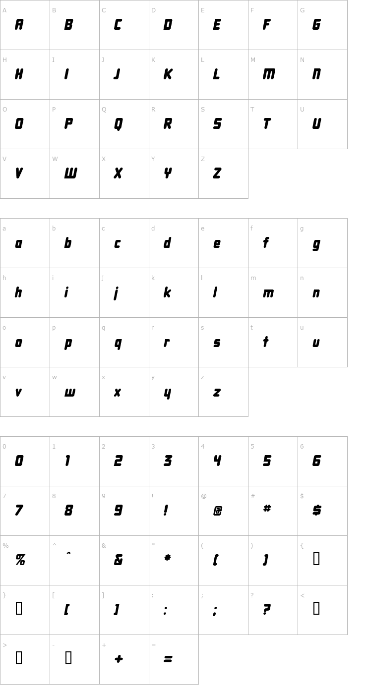 Character Map DBXLNightfever Italic Font