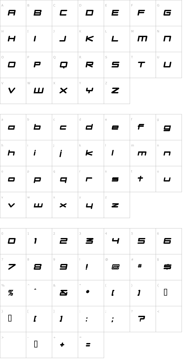 Character Map DBXLNightfever UltraWideItalic Font