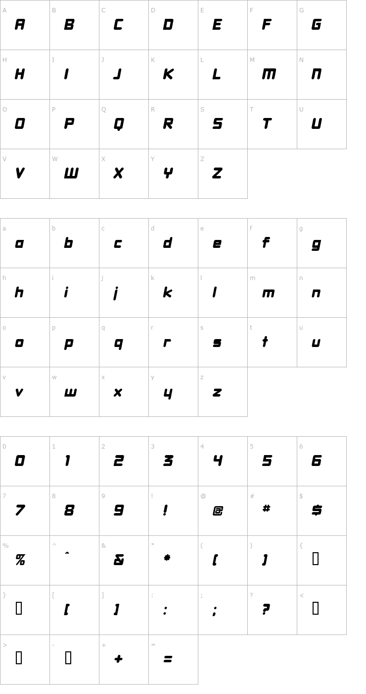 Character Map DBXLNightfever WideItalic Font