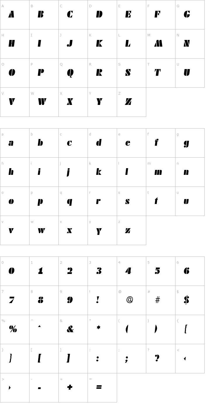 Character Map Dekoblack-Italic Font