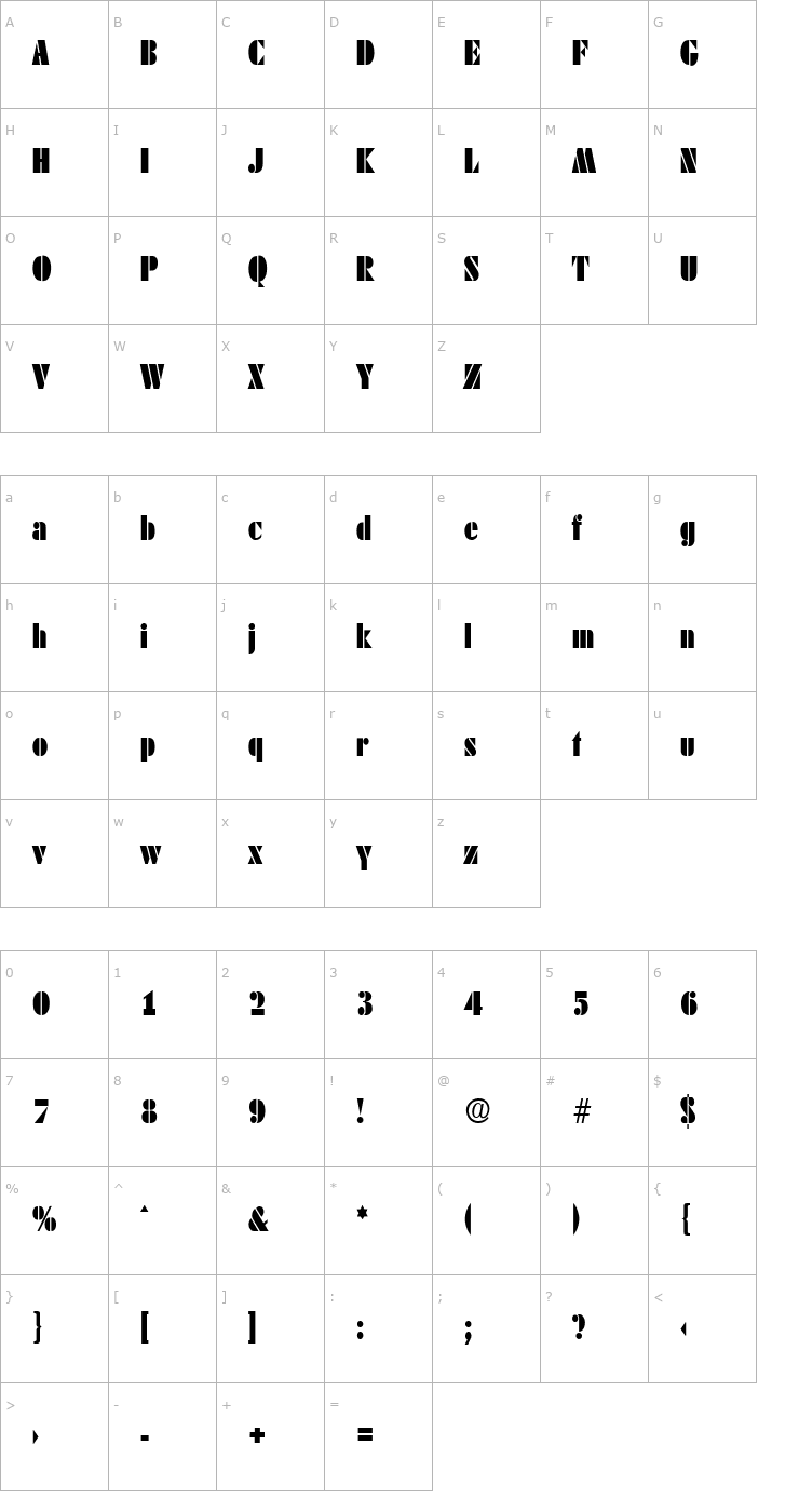 Character Map DekoBlackCond-Serial-Regular Font