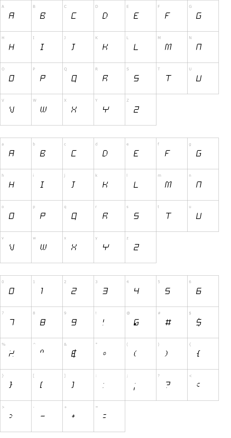 Character Map Delilah ThinOblique Font