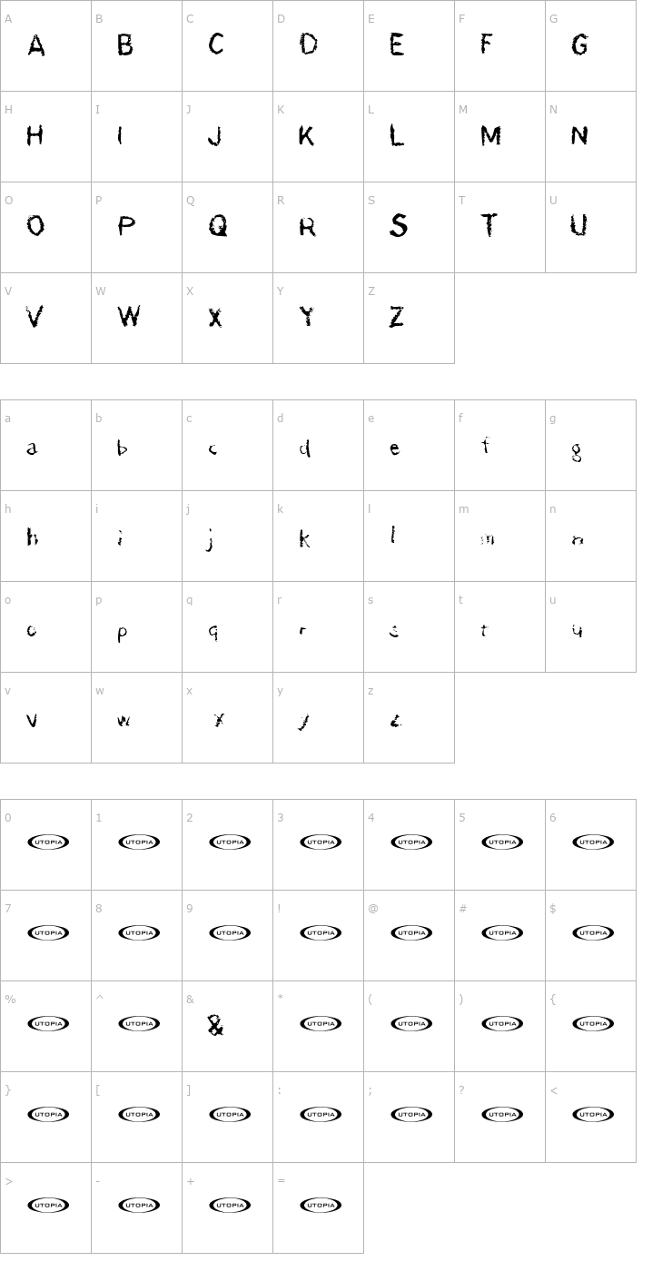 Character Map der Dämonschriftkegel Font
