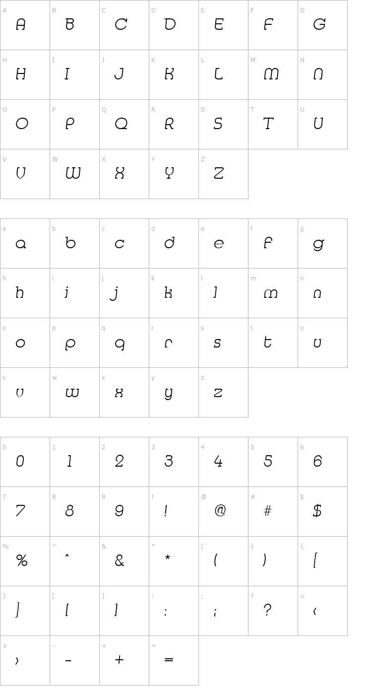 Character Map DesireeBecker-ExtraLight Italic Font