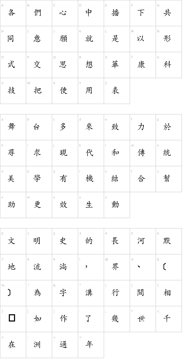 Character Map DFLiKaiShu1B Font