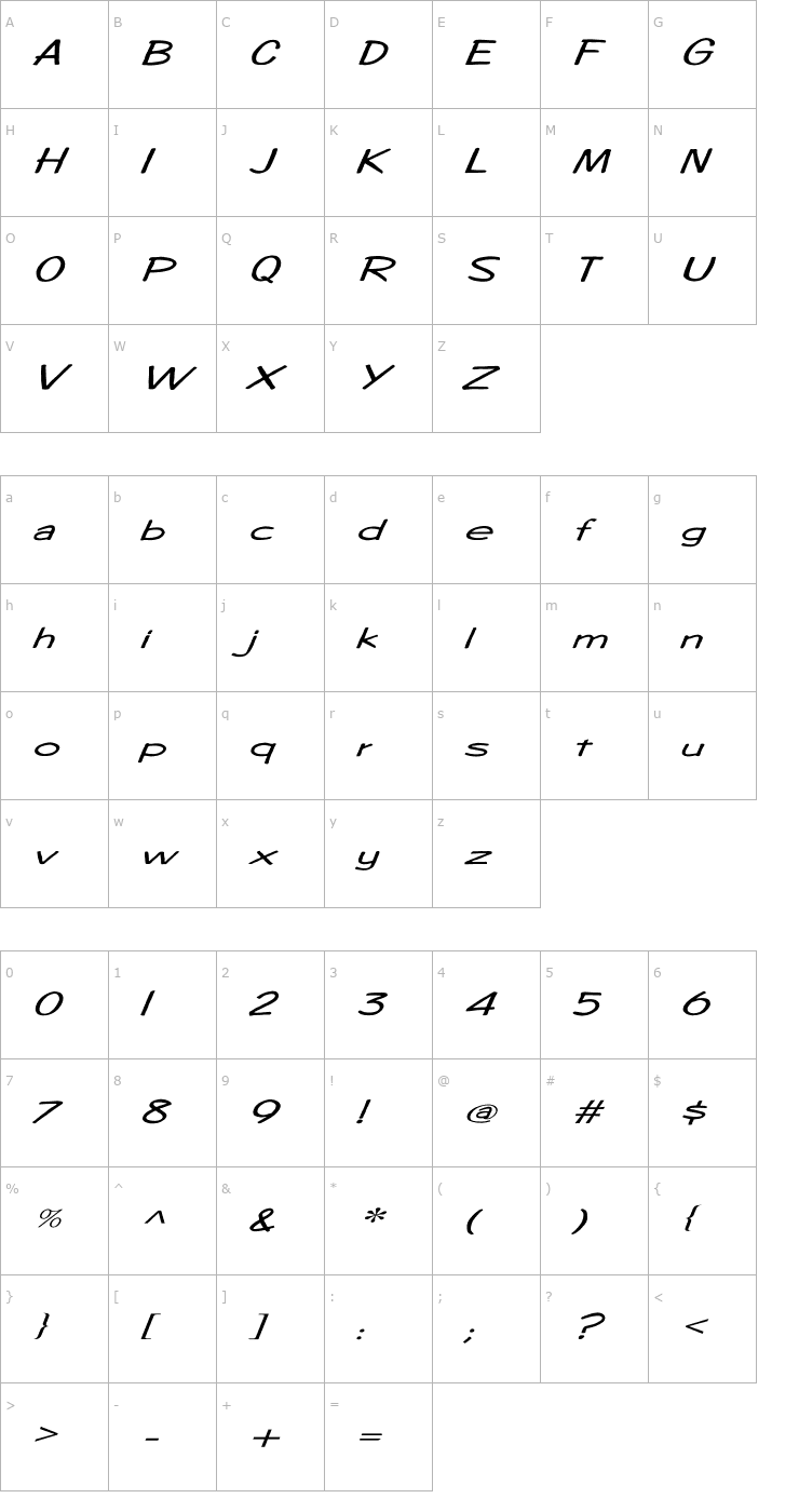 Character Map Diego1 Ex Italic Font