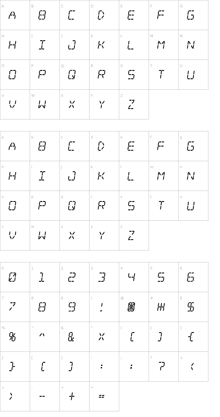 Character Map Digital dream Skew Font