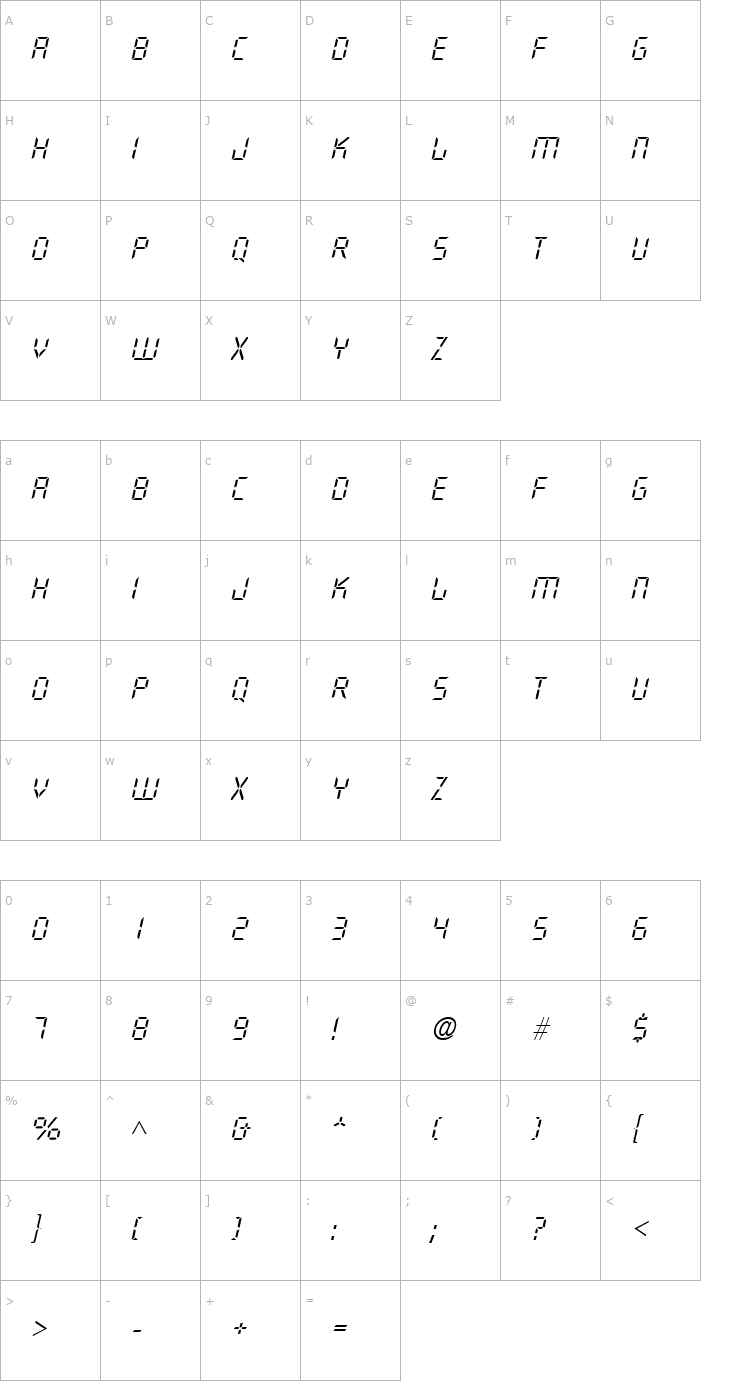 Character Map Digital Light SF Italic Font