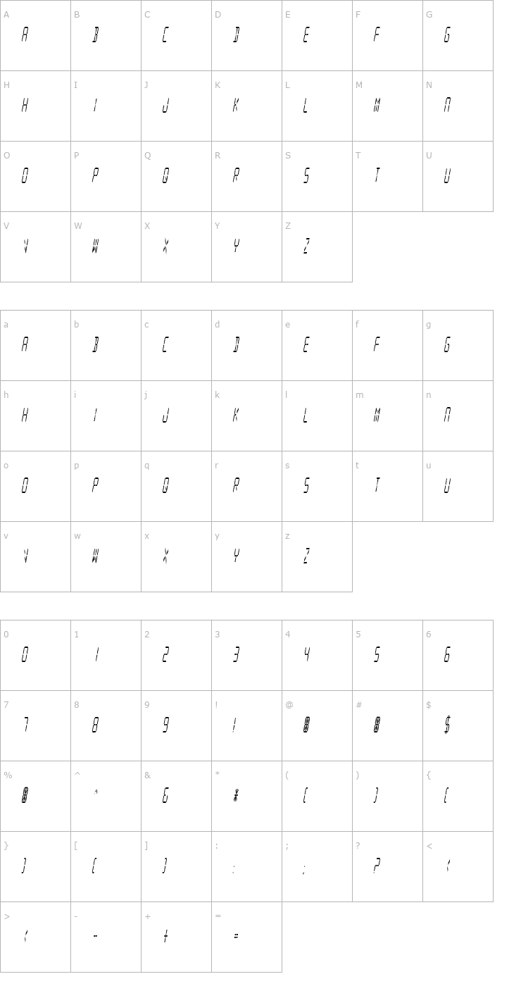 Character Map Digital Readout Condensed Font