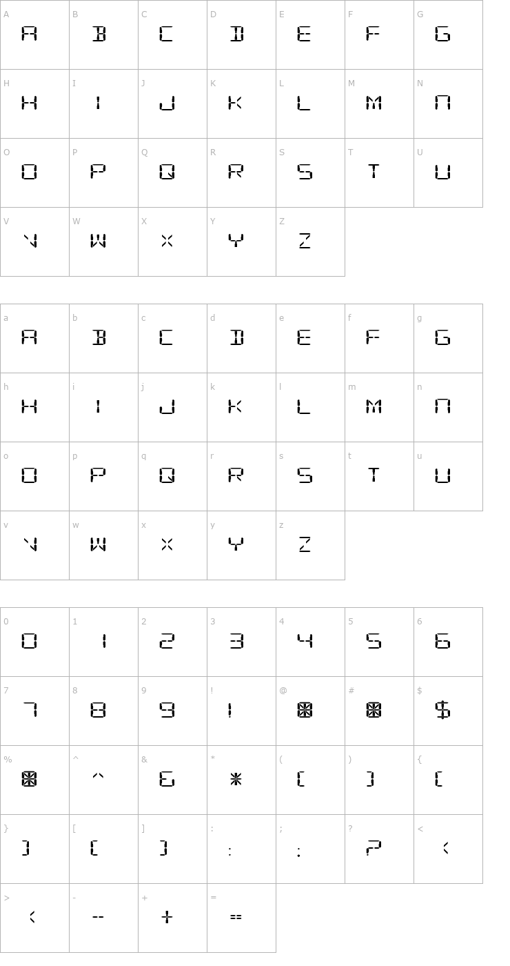 Character Map Digital Readout ExpUpright Font