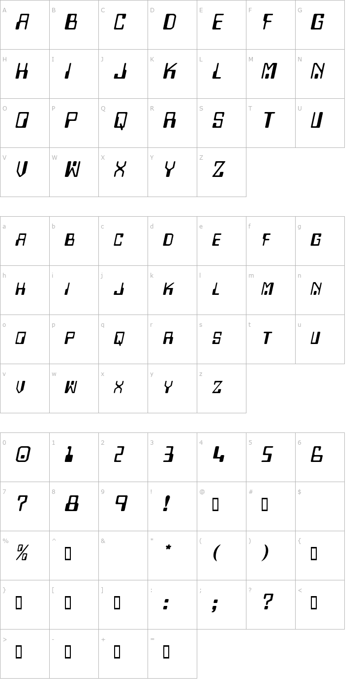 Character Map DigitalMachine Oblique Font