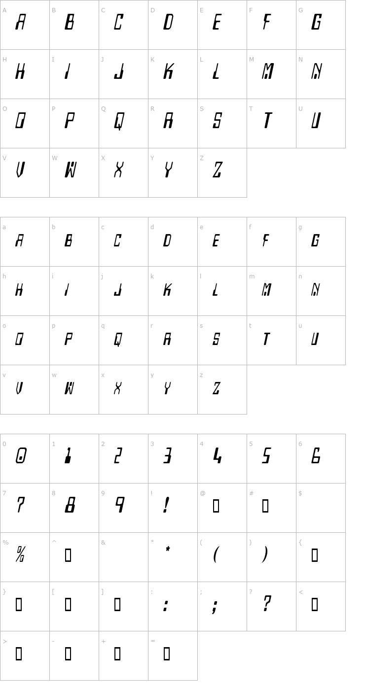 Character Map DigitalMachineCondensed Oblique Font