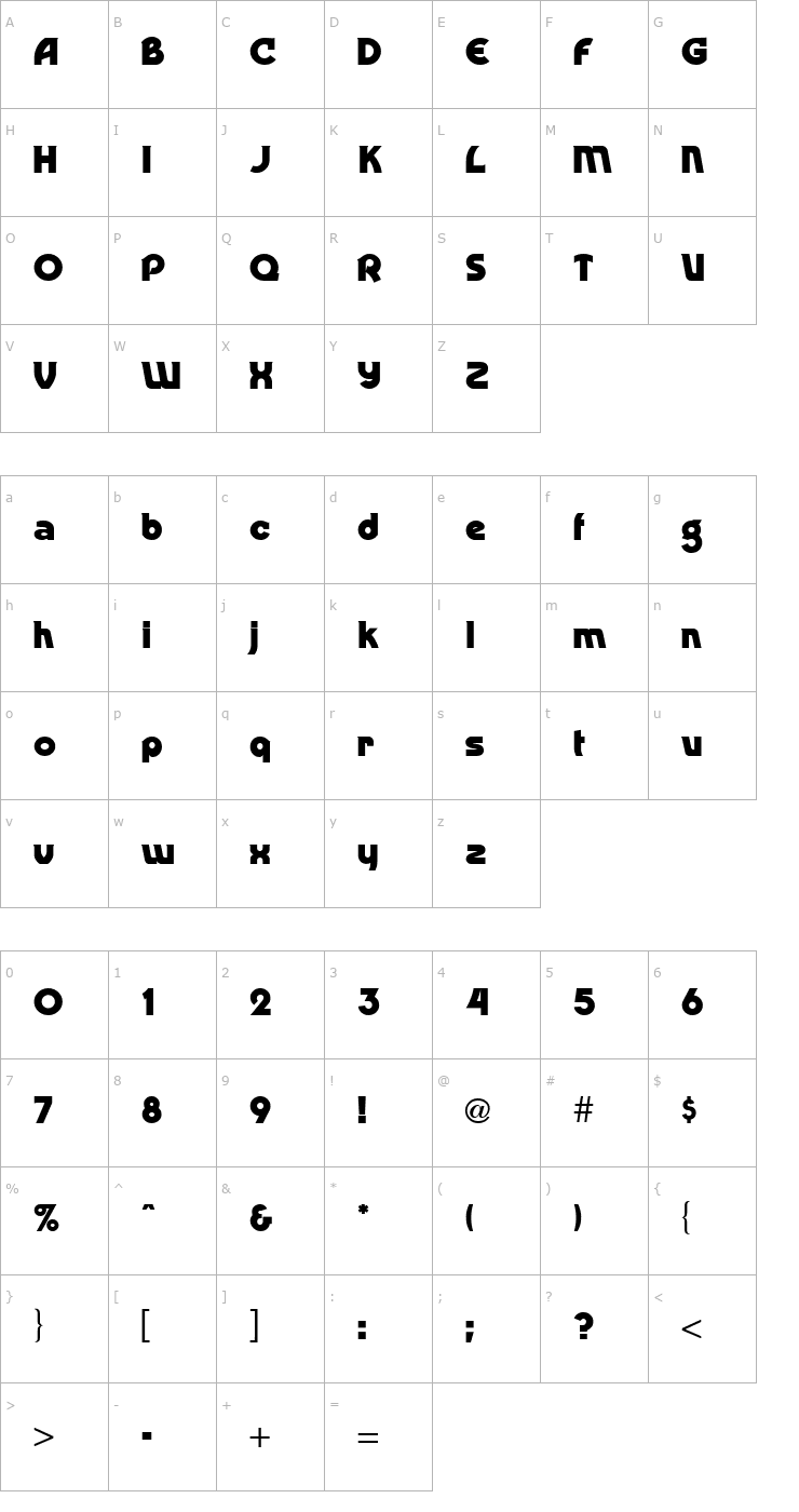 Character Map Dingaling Bold Regular Font