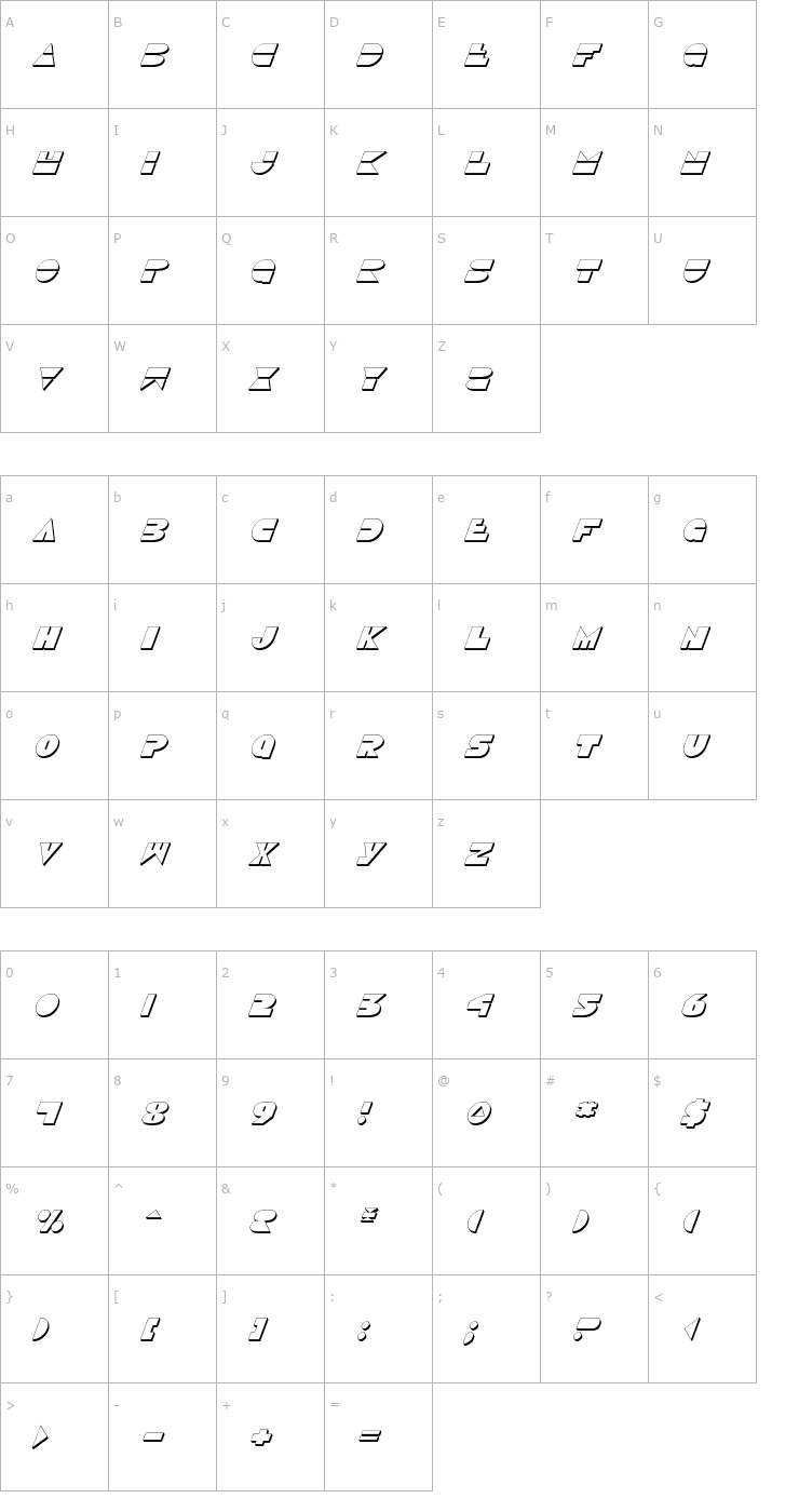 Character Map Disco Duck 3D Italic Font