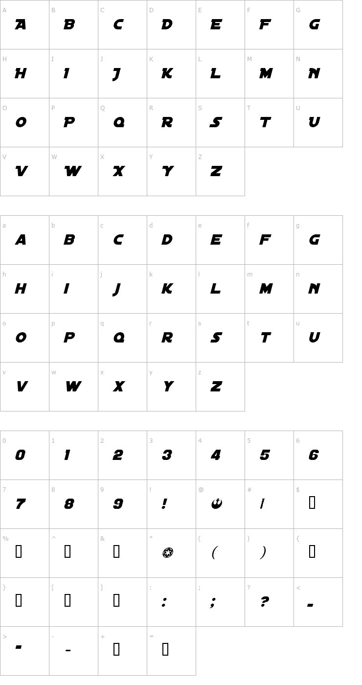 Character Map Distant Galaxy Italic Font