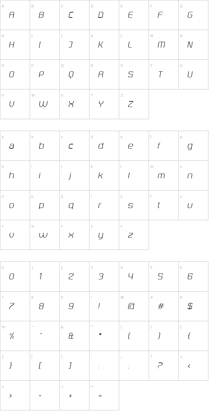 Character Map DistillaLight Italic Font