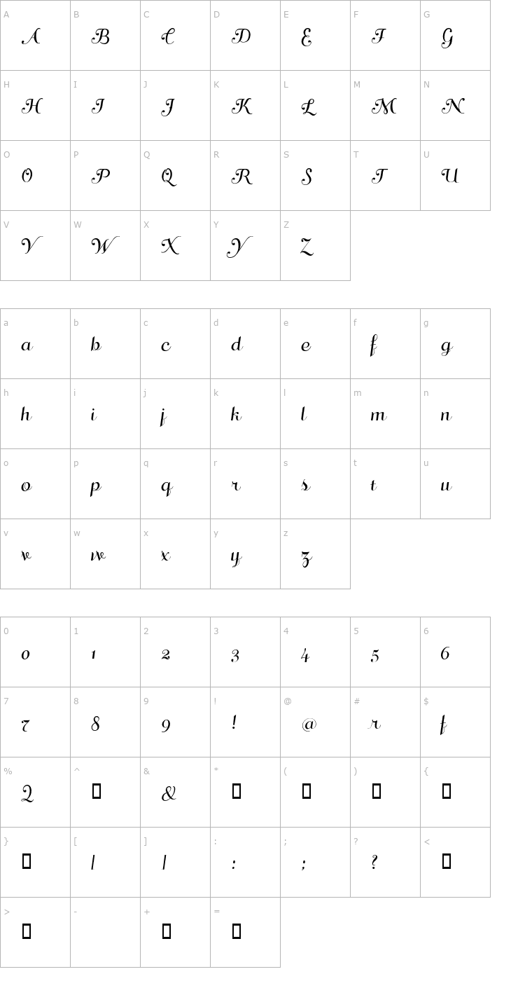 Character Map DiValzer Script Font