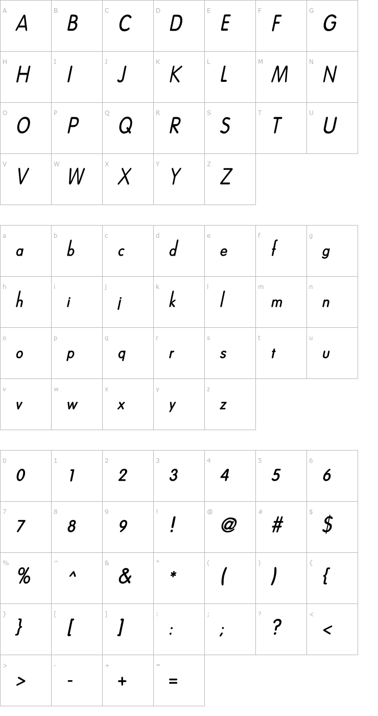 Character Map Dreamspeak Bold Italic Font