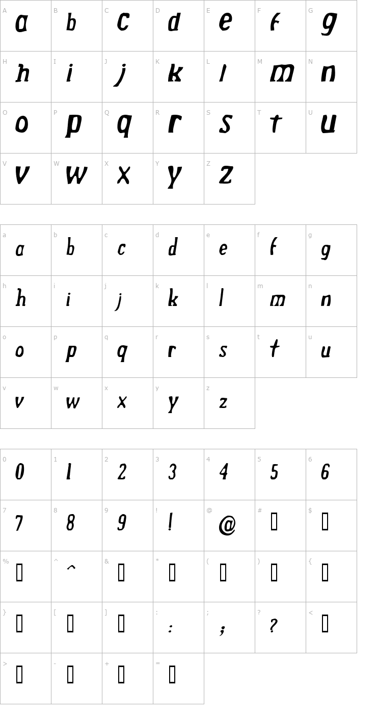 Character Map Drek NormalItalic Font