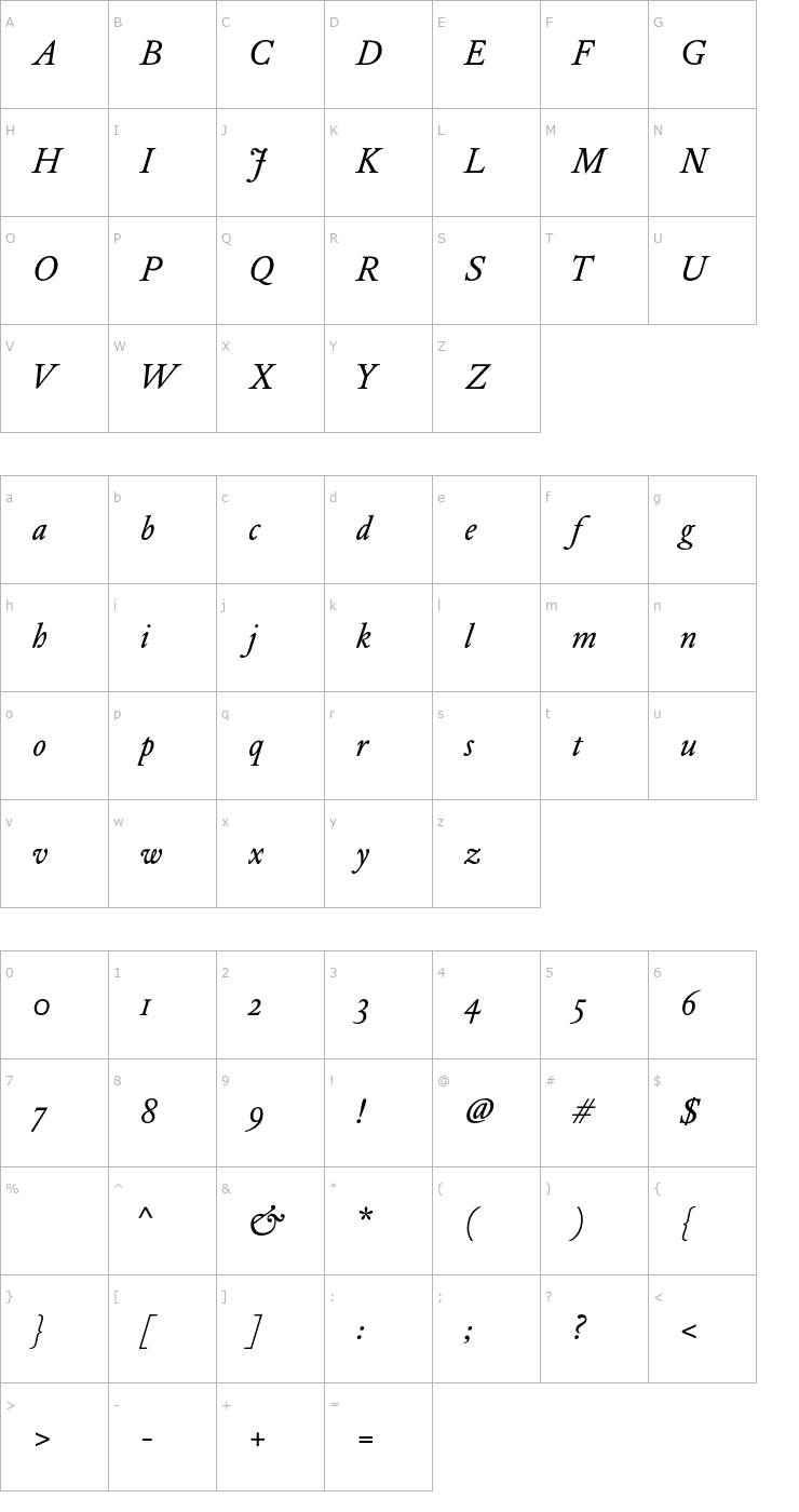 Character Map DTLElzevirST-BookItalic Font