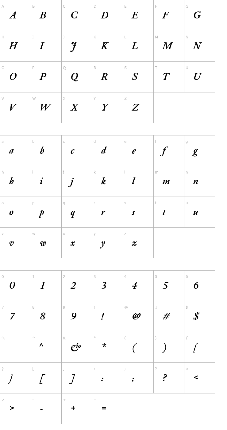 Character Map DTLElzevirT-BoldItalic Font