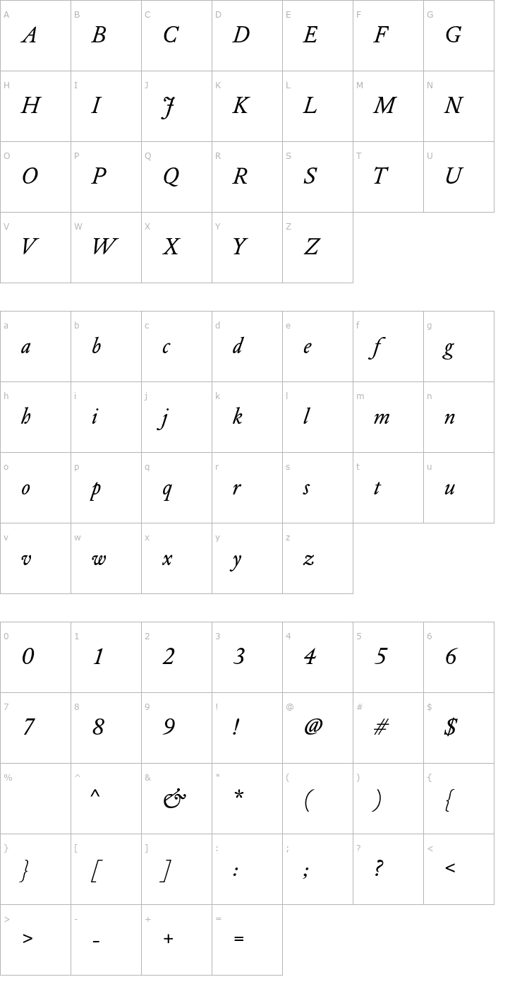 Character Map DTLElzevirT-BookItalic Font