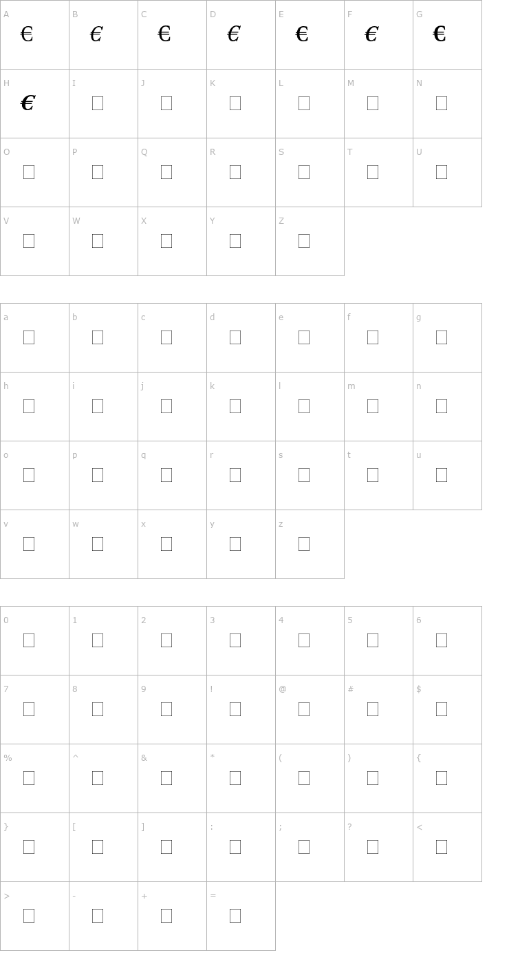 Character Map DTLElzevirT-Euro Font