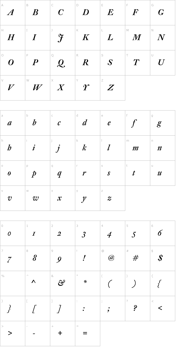 Character Map DTLFleischmannSD-MediumItalic Font