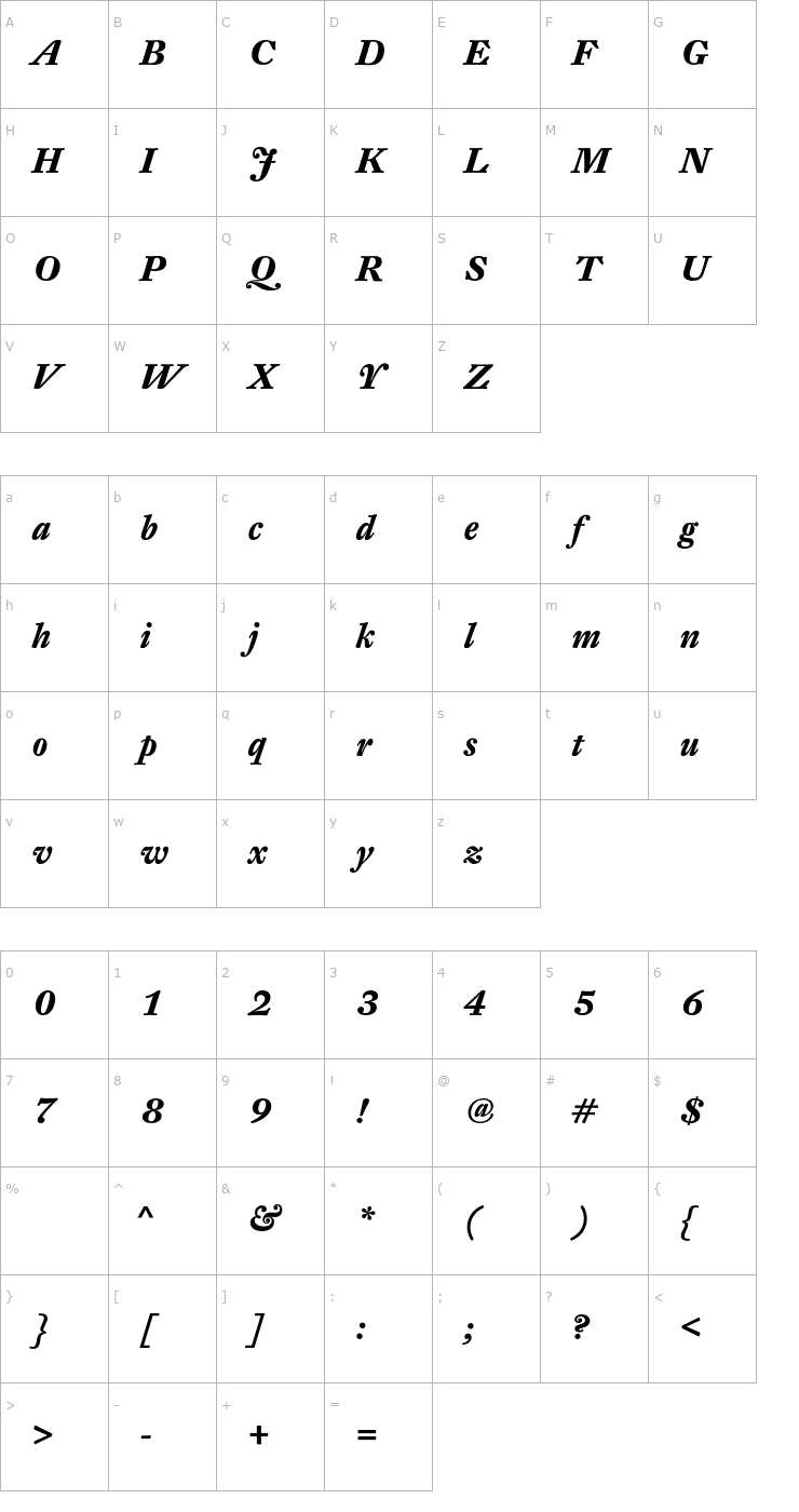 Character Map DTLFleischmannT-BoldItalic Font