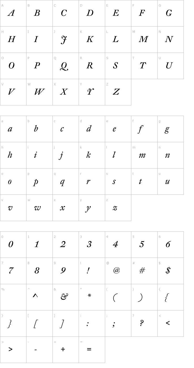 Character Map DTLFleischmannT-Italic Font