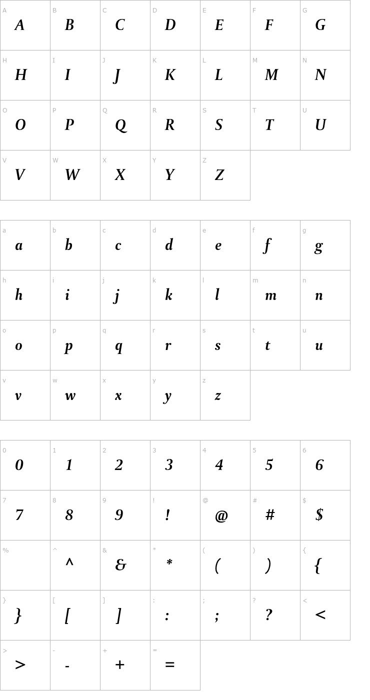 Character Map DTLParadoxT-BoldItalic Font