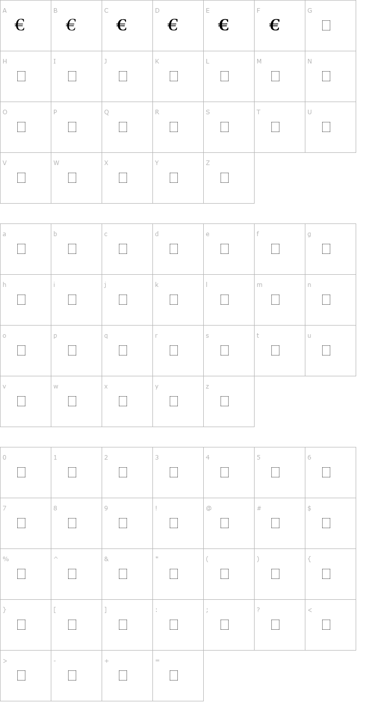 Character Map DTLUnicoT-Euro Font