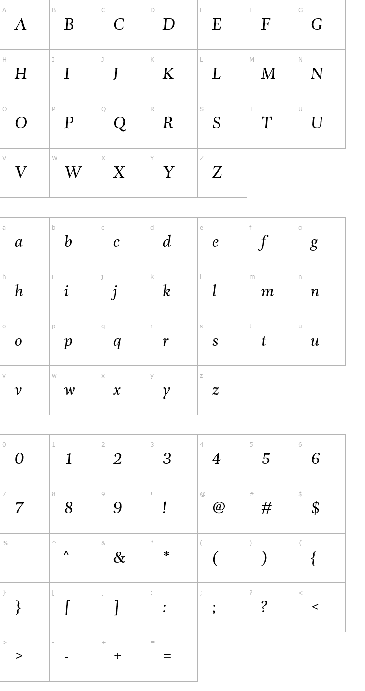 Character Map DTLUnicoT-Italic Font