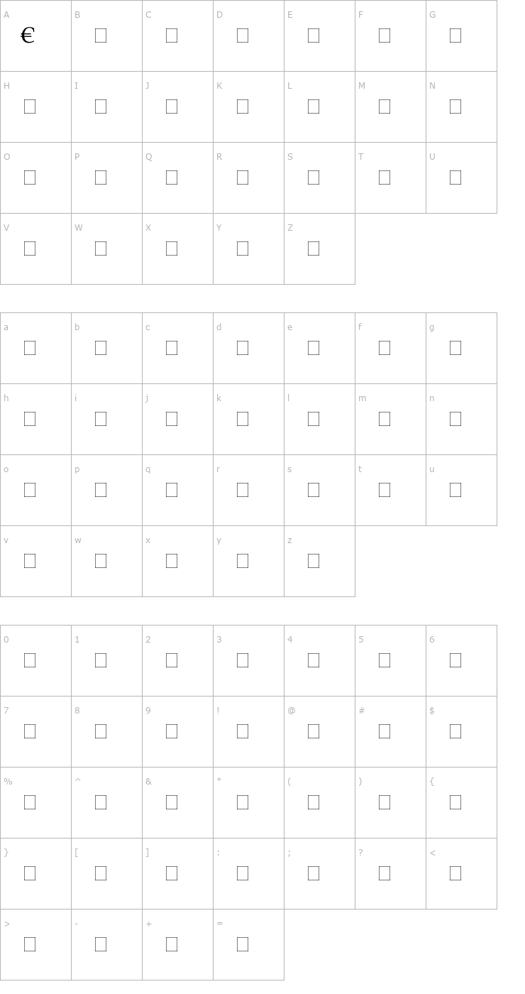 Character Map DTLVandenKeereT-Euro Font