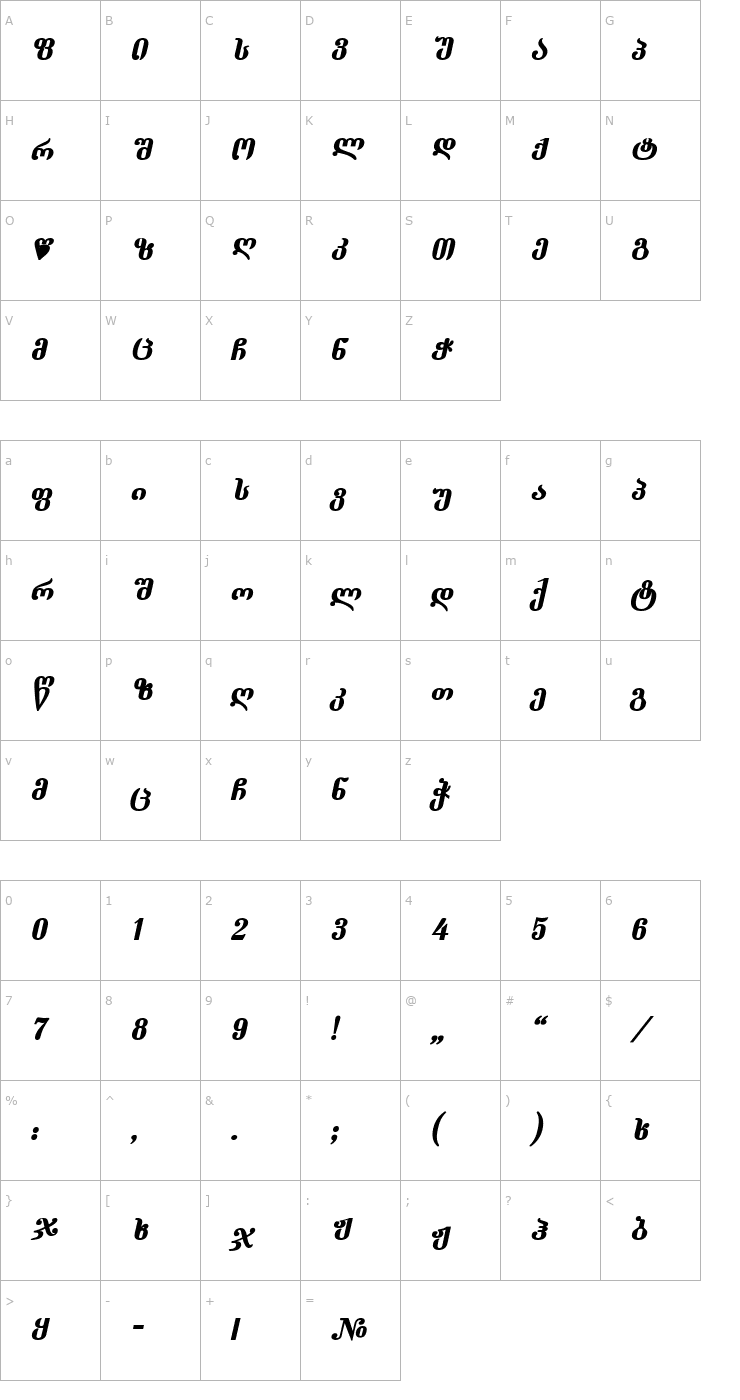Character Map Dumbadze-ITV Bold Italic Font