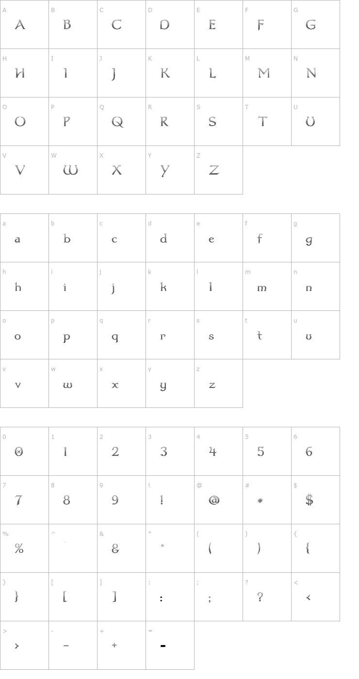 Character Map Dumbledor 1 Cut Down Font