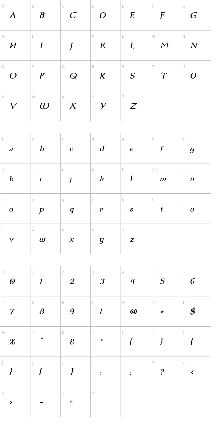 Character Map Dumbledor 1 Italic Font