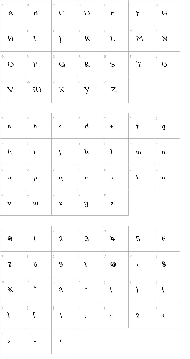 Character Map Dumbledor 1 Rev Italic Font