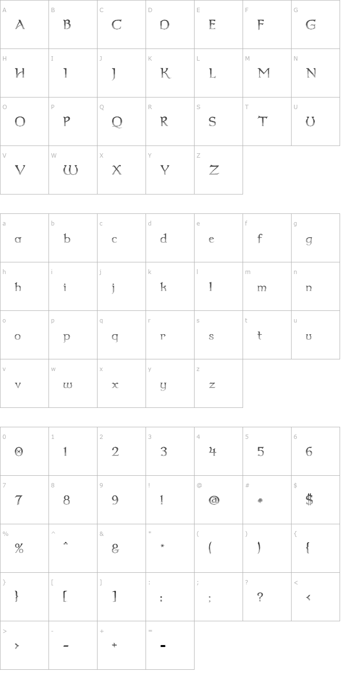 Character Map Dumbledor 2 Cut Up Font
