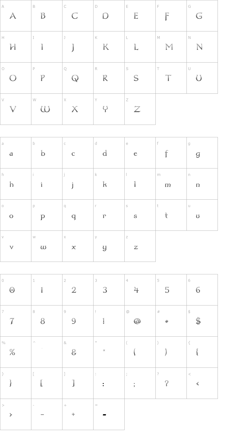 Character Map Dumbledor 3 Cut Down Font