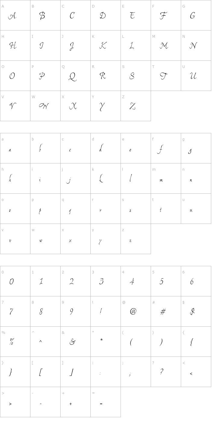 Character Map DyanaTallUT Italic Font