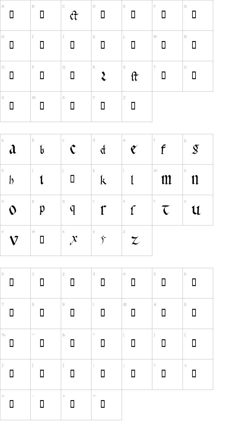Character Map Early Gothic Font