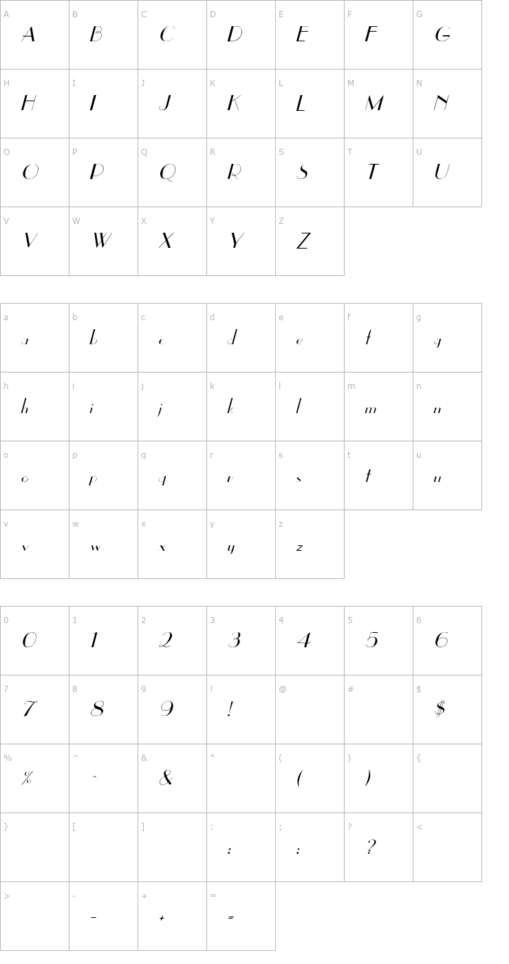 Character Map East Side Italic Font