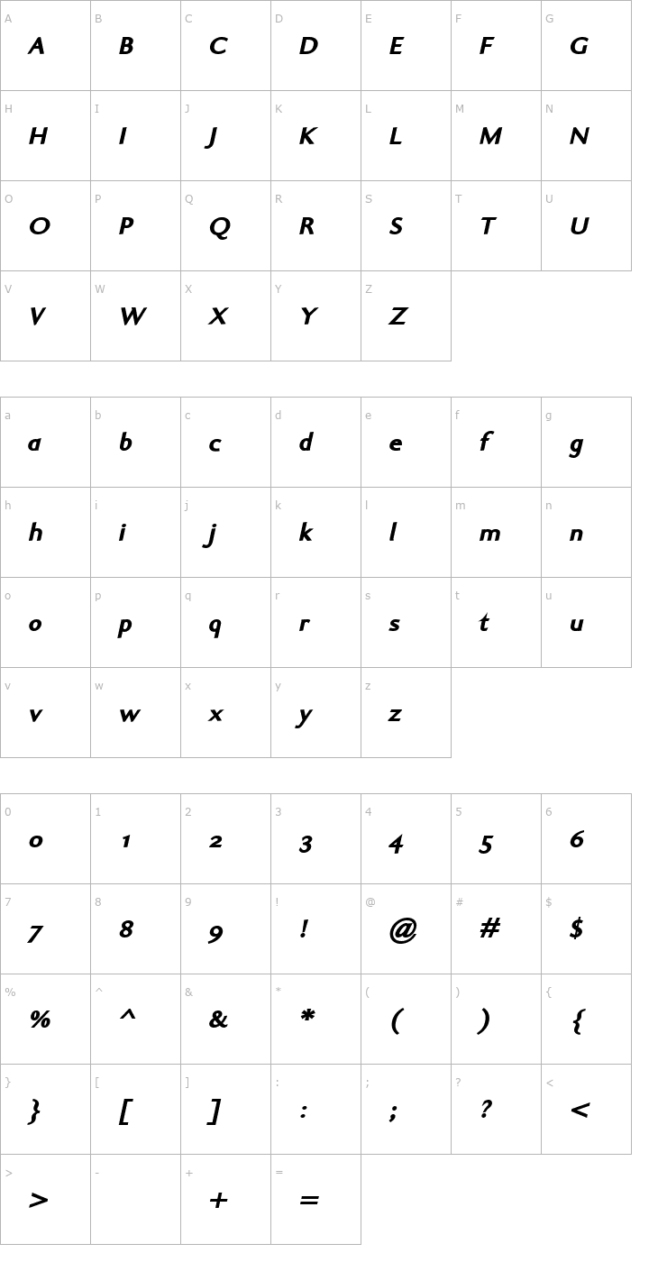 Character Map Ela Sans Black Italic PDF Font