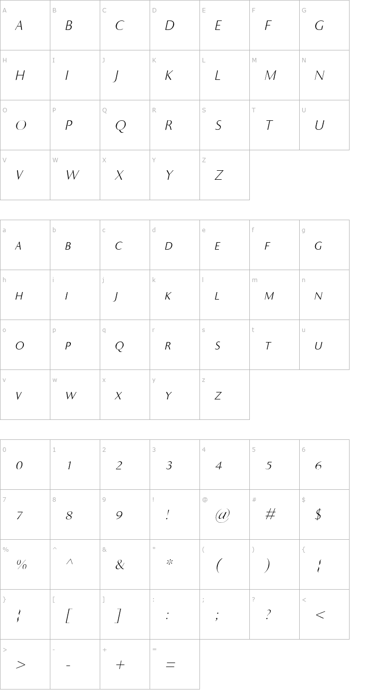 Character Map Ela Sans XLight Caps Italic PDF Font