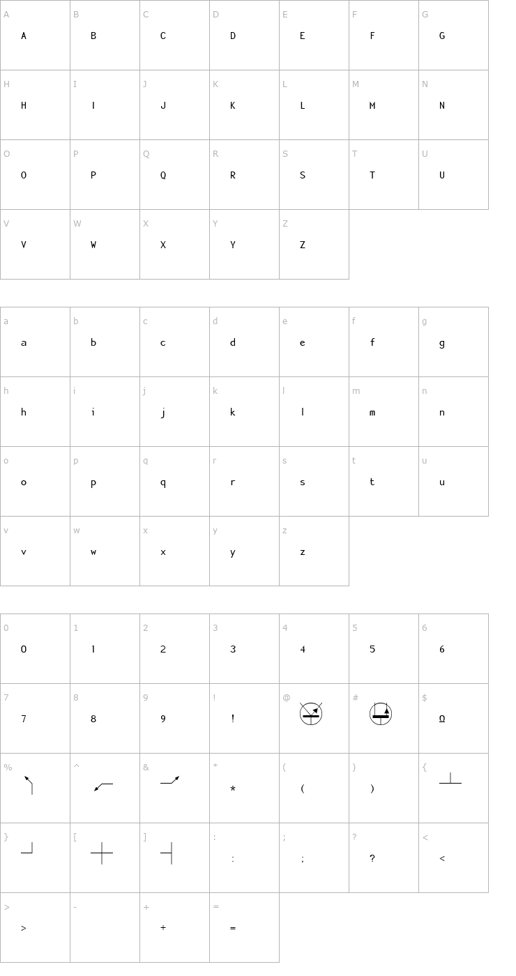 Character Map Electric Font