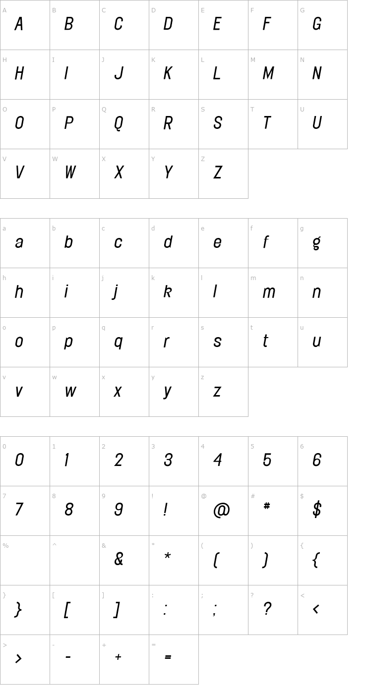 Character Map Elephant-LightOblique Font